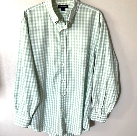 LAND’S END Plaid Gingham Men’s Long Sleeve Green White Button Down SZ 17 X 34 - Picture 1 of 13